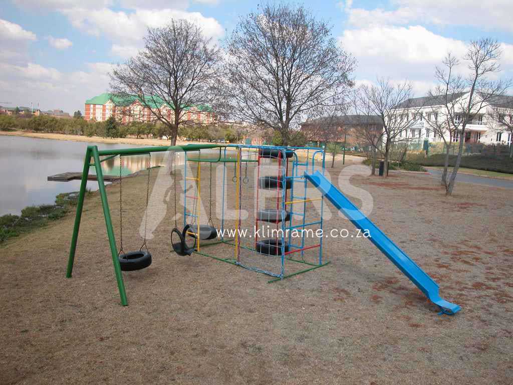 Senior Tyre Tunnel Jungle Gym + 3m Steel Slide + Swing Attachment With 2 Tyre Swings 